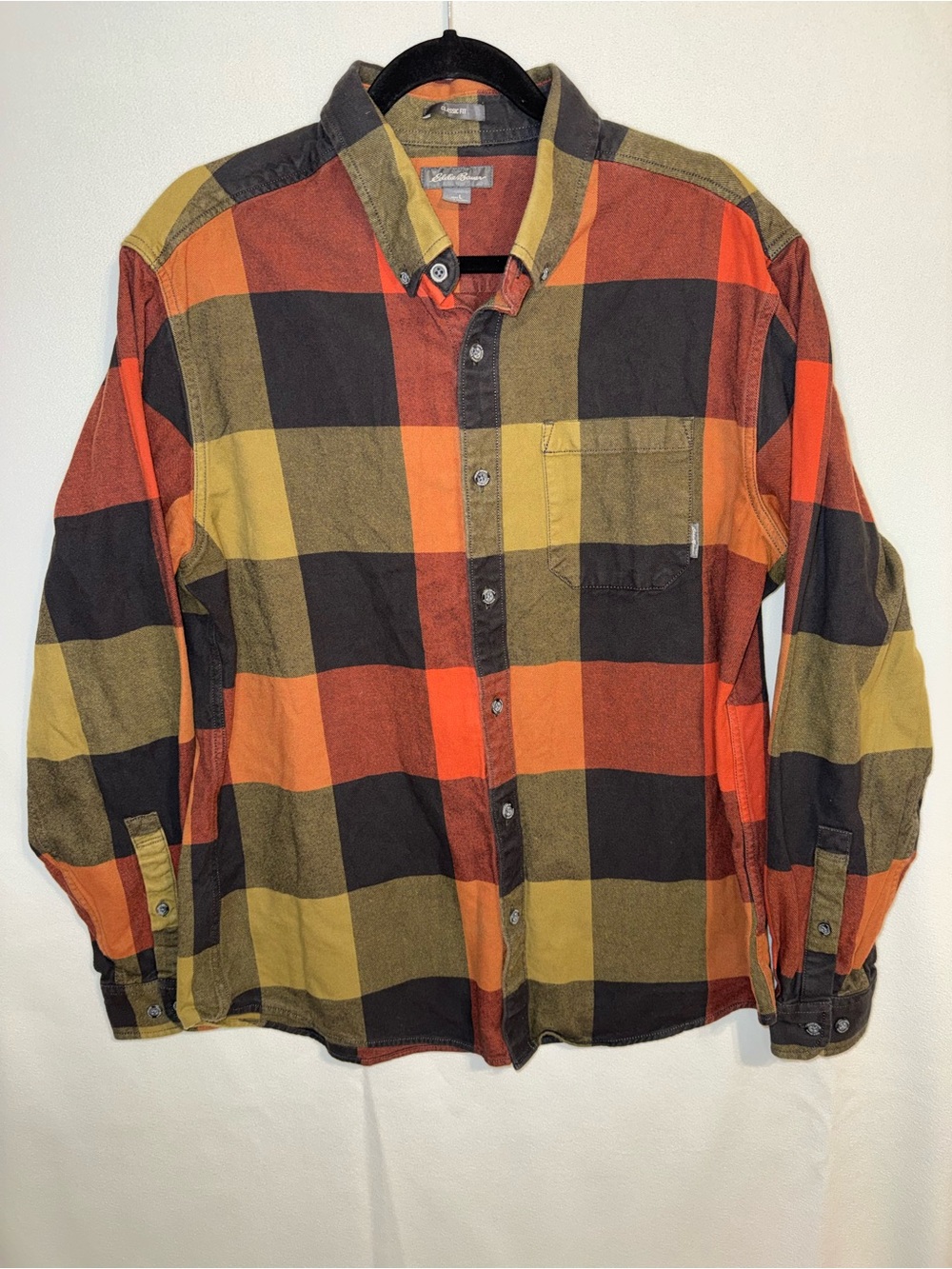 Eddie Bauer Men’s Classic Fit Large Button-Down Shirt in Orange, Black & Olive